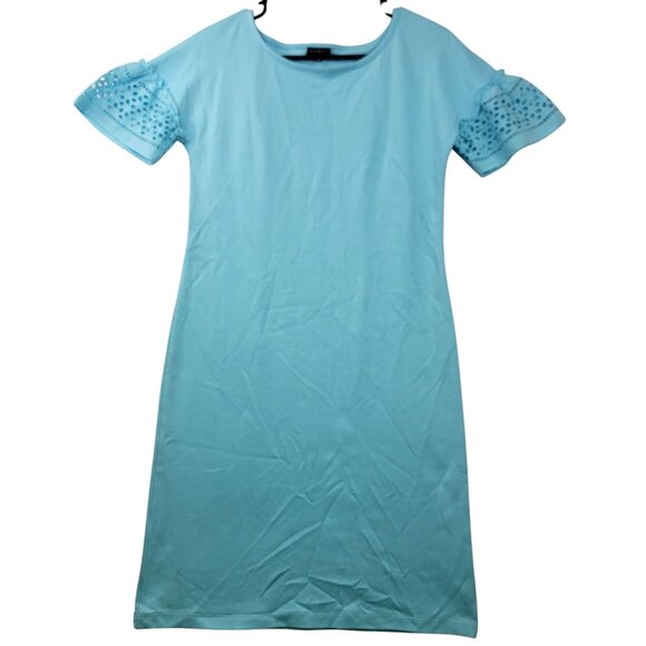 Black Lable Talbots XS Light Blue Eyelet Interlock Shift Dress Short Sleeve - Picture 2 of 8